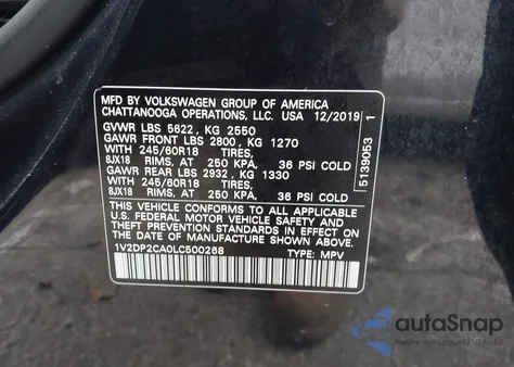 2020 Volkswagen Atlas 2.0T Se z USA, uszkodzony, nr VIN 1V2DP2CA0LC500268